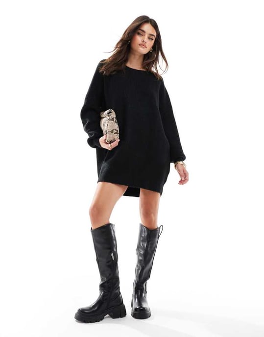 Miss Selfridge slash neck oversized knit mini dress in black - Image 2