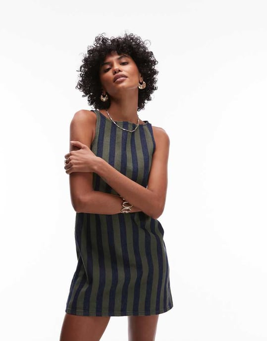 Topshop denim mini shift dress in khaki stripe - Image 3
