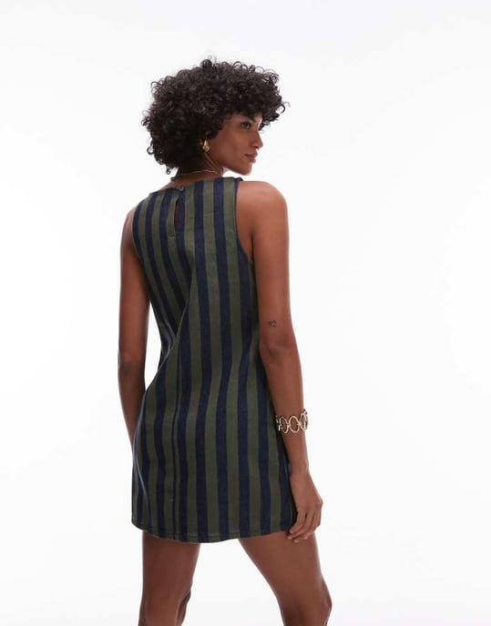 Topshop denim mini shift dress in khaki stripe - Image 4