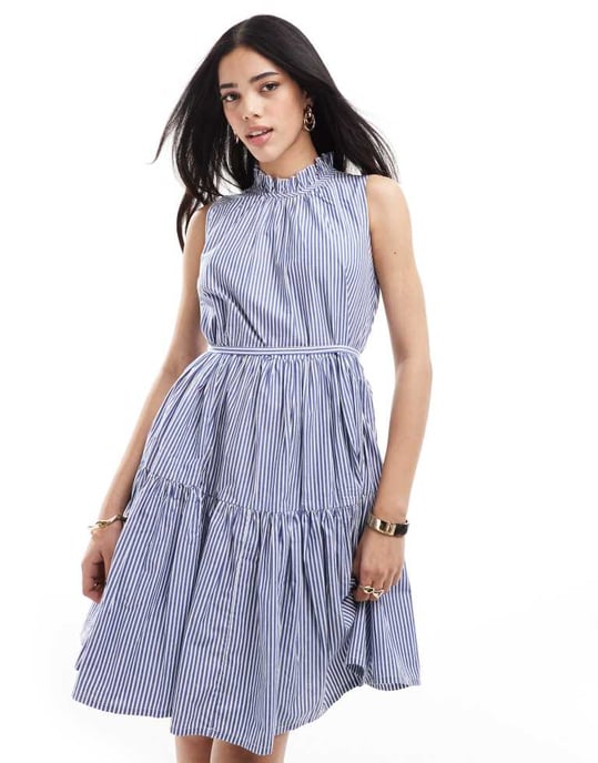 French Connection high neck tiered poplin mini dress in blue and white stripe - Image 4