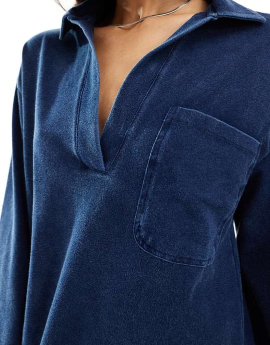 ASOS DESIGN långärmad kragklänning i oversize modell i blå denimtvätt - Image 2