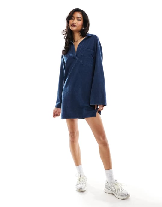 ASOS DESIGN långärmad kragklänning i oversize modell i blå denimtvätt - Image 3