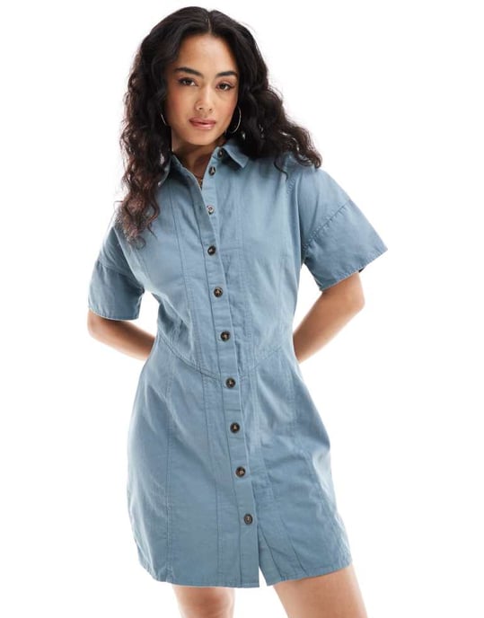 ASOS DESIGN mini twill skjortklänning med sömdetaljer i denimblå - Image 2