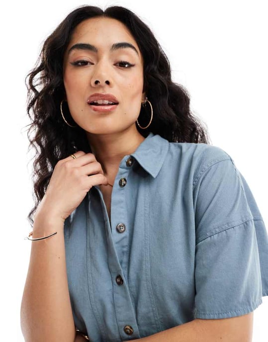 ASOS DESIGN mini twill skjortklänning med sömdetaljer i denimblå - Image 3