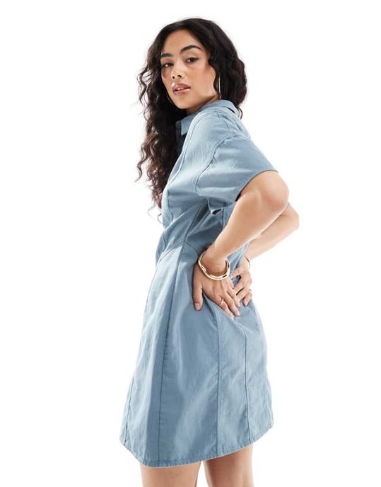 ASOS DESIGN mini twill skjortklänning med sömdetaljer i denimblå - Image 4