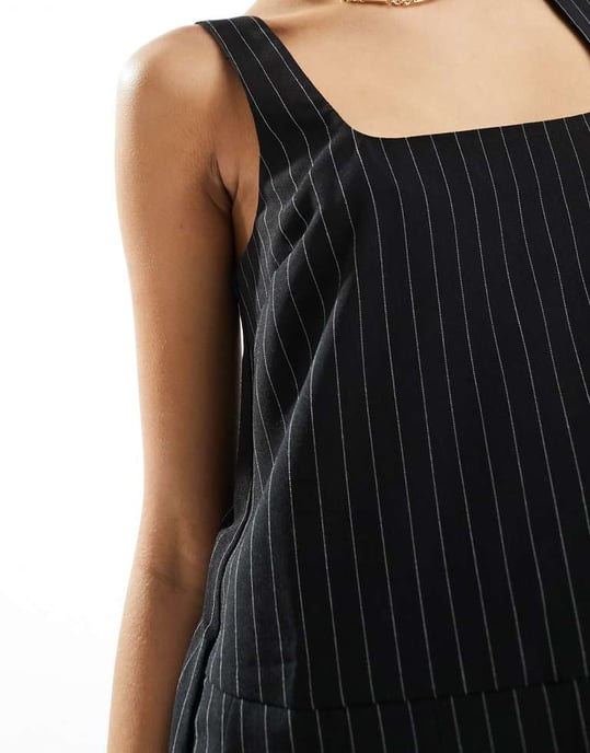 ASOS DESIGN kvadratisk hals linneklänning i svart randig - Image 3