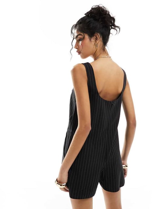 ASOS DESIGN kvadratisk hals linneklänning i svart randig - Image 4