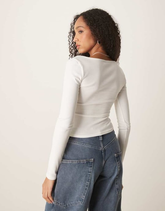 Gina Tricot jersey long sleeve with concealed front button detail in off white - Image 3
