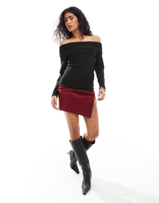 Pieces long sleeve off shoulder top in black glitter - Image 2