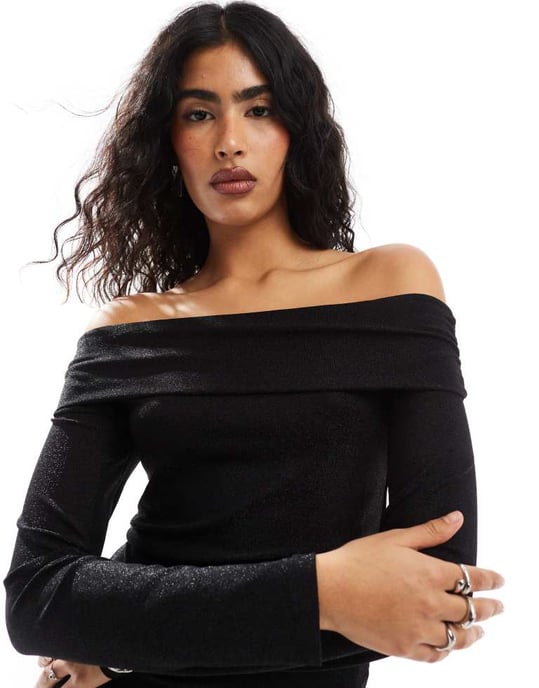 Pieces long sleeve off shoulder top in black glitter - Image 3
