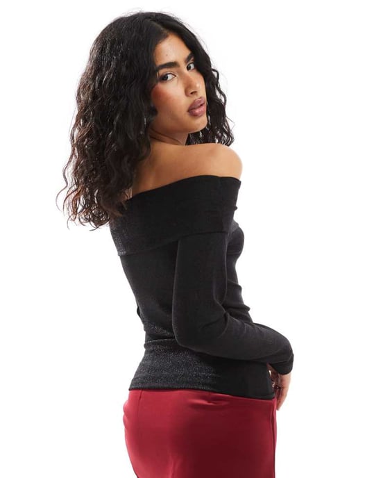 Pieces long sleeve off shoulder top in black glitter - Image 4