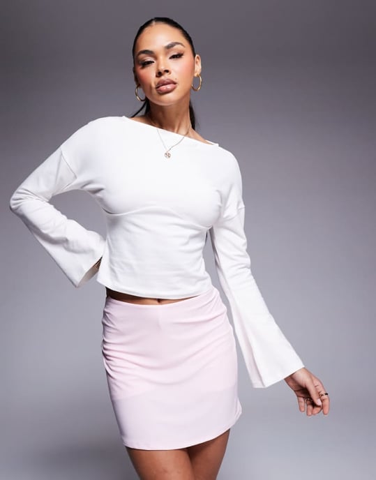 ASOS DESIGN rib boat neck top with underbust detail in ivory - Image 1