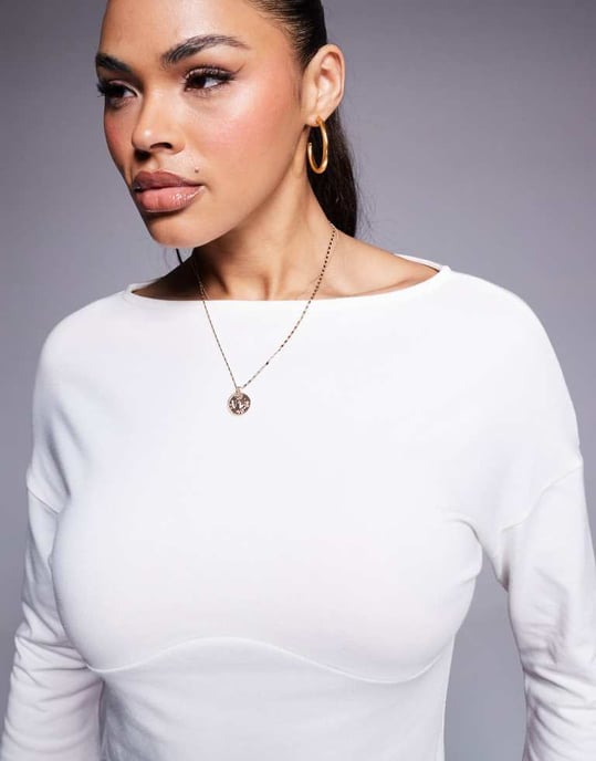 ASOS DESIGN rib boat neck top with underbust detail in ivory - Image 2