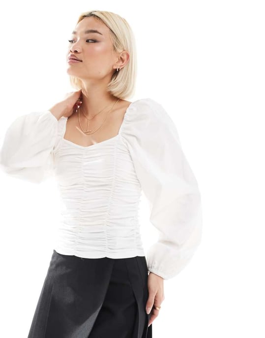 Pieces ruched jersey top with statement sleeves in white - Image 1