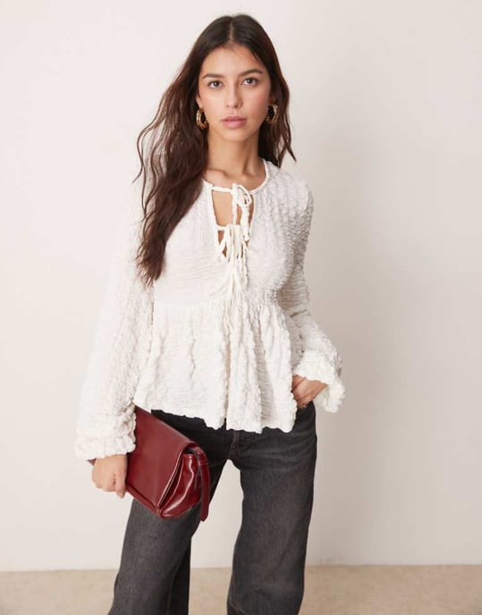 Gina Tricot textured long sleeve top with tie front floaty hem in off white - Image 1
