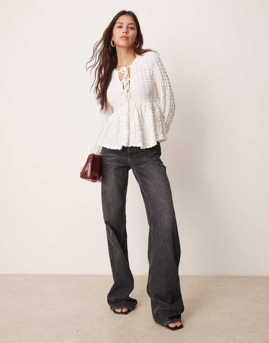 Gina Tricot textured long sleeve top with tie front floaty hem in off white - Image 3