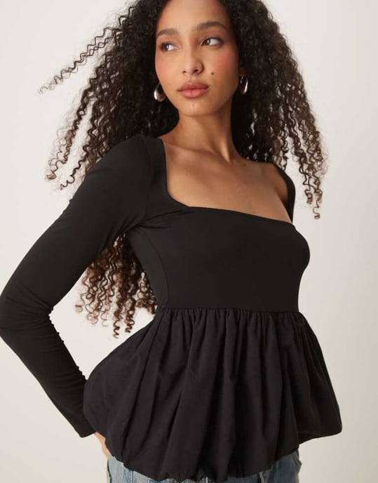 Gina Tricot jersey long sleeve top with woven puff ball hem in black - Image 1
