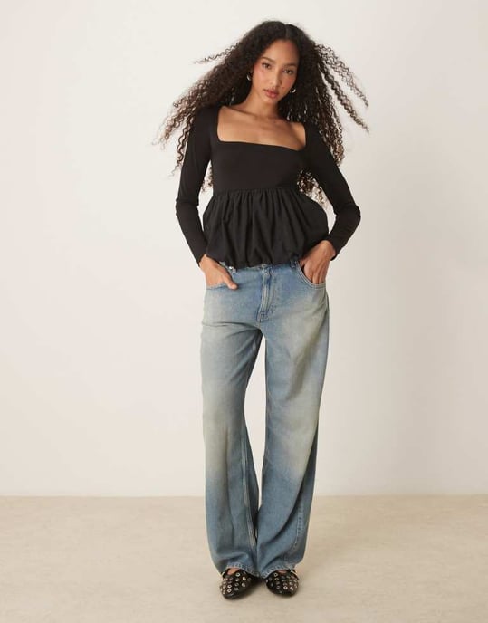 Gina Tricot jersey long sleeve top with woven puff ball hem in black - Image 2