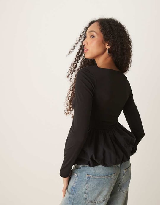 Gina Tricot jersey long sleeve top with woven puff ball hem in black - Image 3