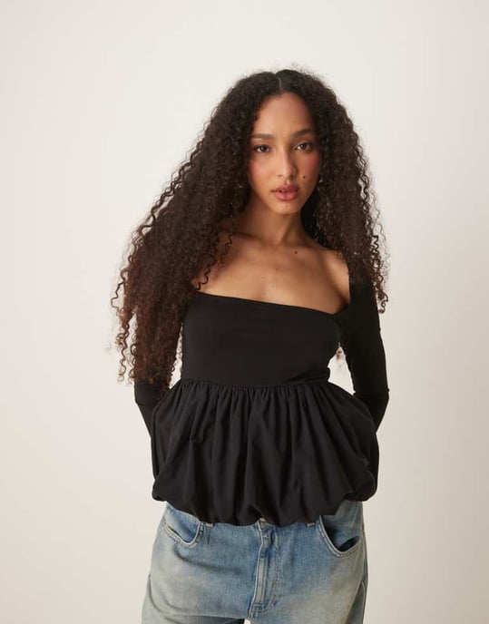Gina Tricot jersey long sleeve top with woven puff ball hem in black - Image 4