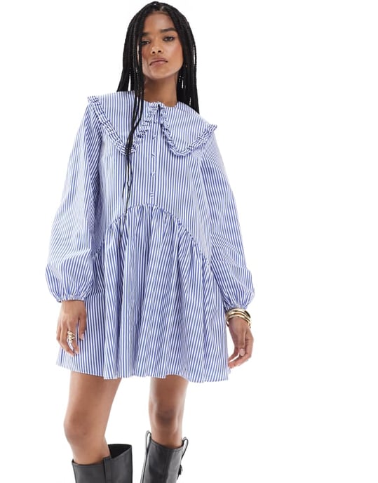 Miss Selfridge stripe oversized collar smock dress in blue stripe - Image 2