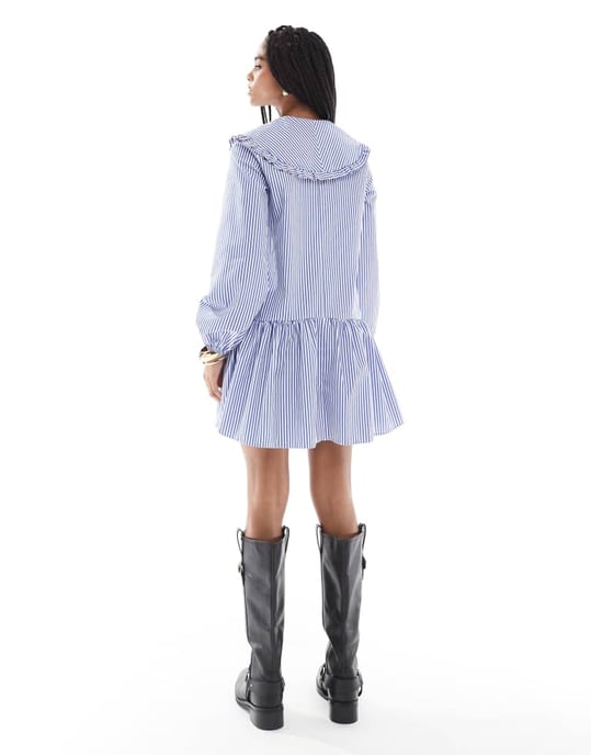 Miss Selfridge stripe oversized collar smock dress in blue stripe - Image 3