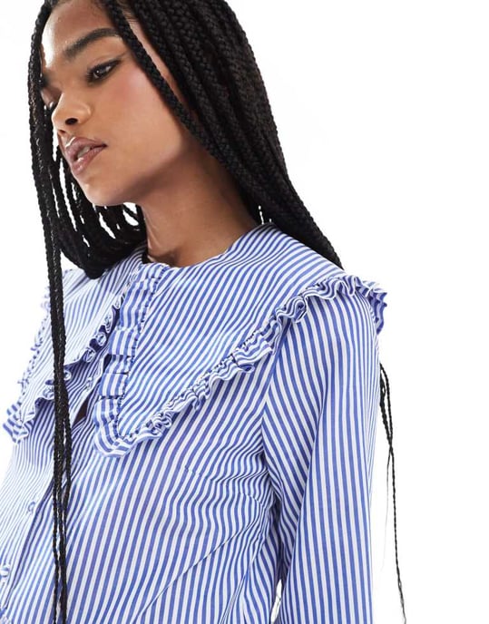 Miss Selfridge stripe oversized collar smock dress in blue stripe - Image 4