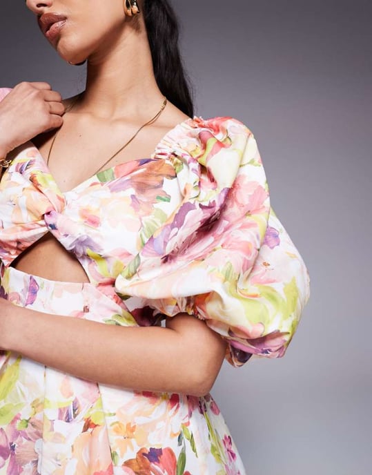 ASOS LUXE printed twisted front puff sleeve skater in floral - Image 2