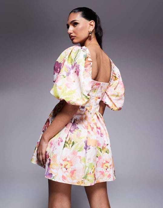 ASOS LUXE printed twisted front puff sleeve skater in floral - Image 3