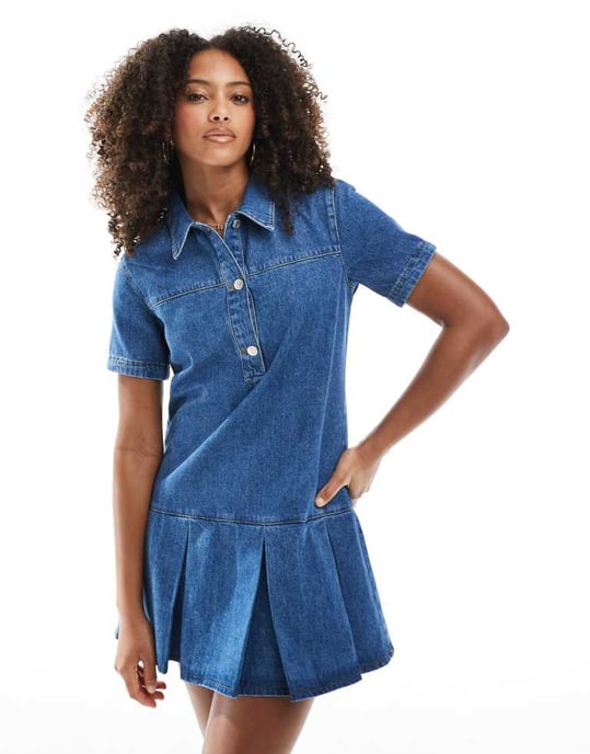ASOS DESIGN denim shirt dress with dropped waist pleated panel - Image 4