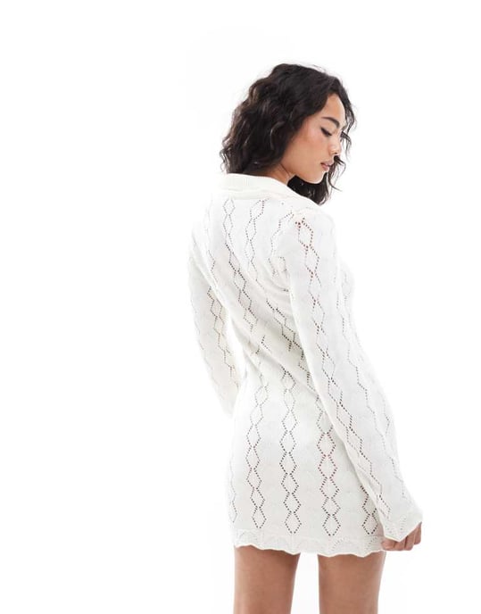 Miss Selfridge knitted crochet lace button up long sleeve summer dress in cream - Image 2
