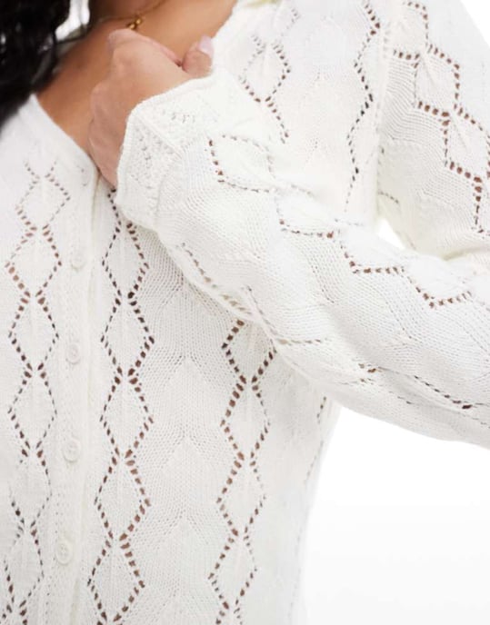 Miss Selfridge knitted crochet lace button up long sleeve summer dress in cream - Image 3