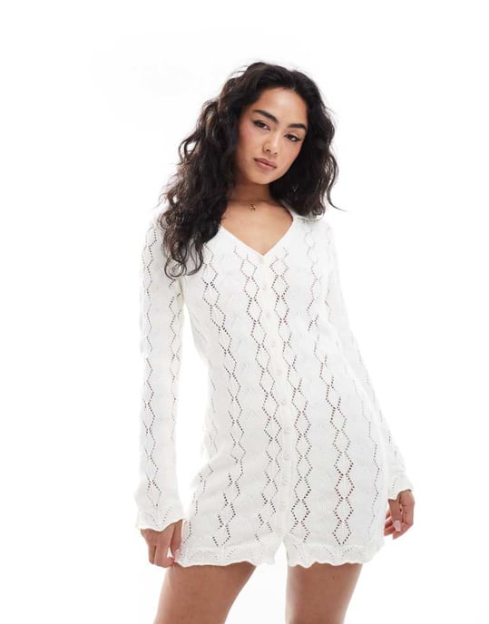 Miss Selfridge knitted crochet lace button up long sleeve summer dress in cream - Image 4