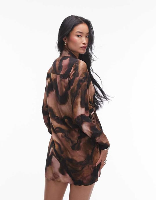 Topshop ruched side shirt dress in marble print - Image 4