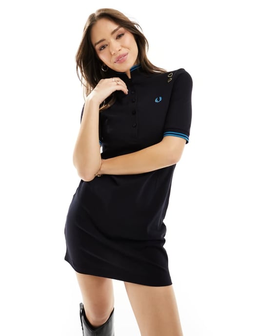 Fred Perry X Amy Winehouse tipped polo klänning i svart - Image 1
