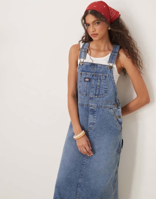 Dickies long overall denim dungaree dress in rinsed blue with fade - Image 1