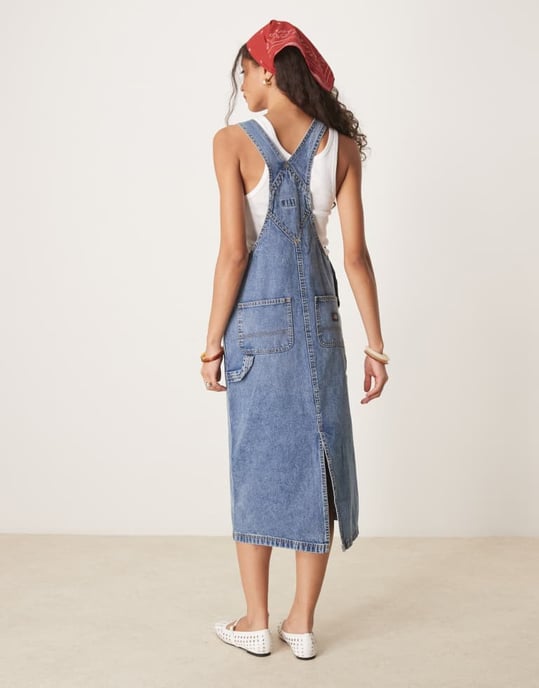 Dickies long overall denim dungaree dress in rinsed blue with fade - Image 3