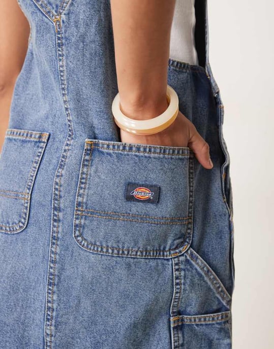 Dickies long overall denim dungaree dress in rinsed blue with fade - Image 4