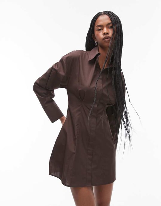 Topshop cinched poplin shirt dress in brown - Image 2