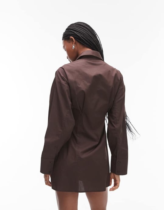 Topshop cinched poplin shirt dress in brown - Image 3