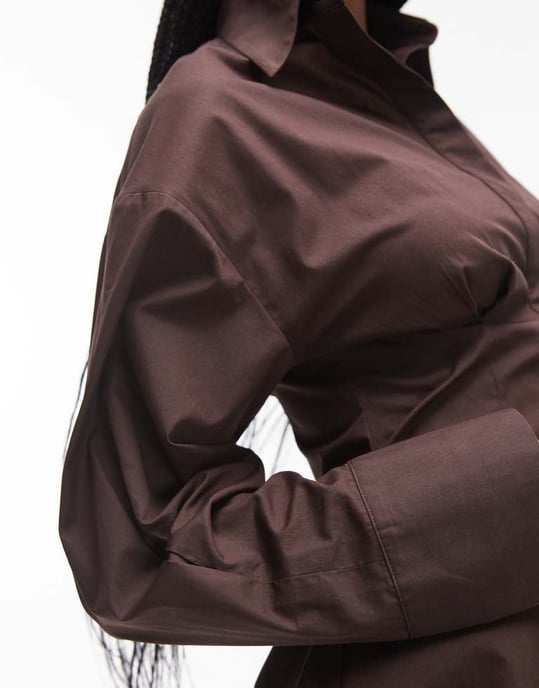 Topshop cinched poplin shirt dress in brown - Image 4