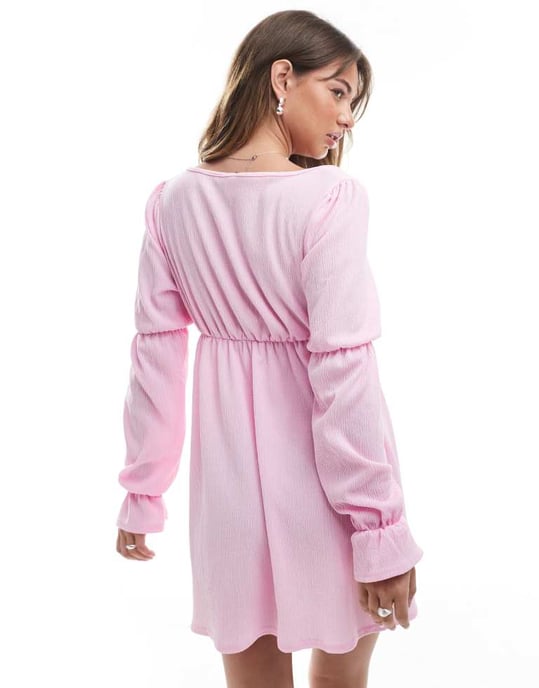 Miss Selfridge long sleeve milkmaid smock dress in light pink - Image 2