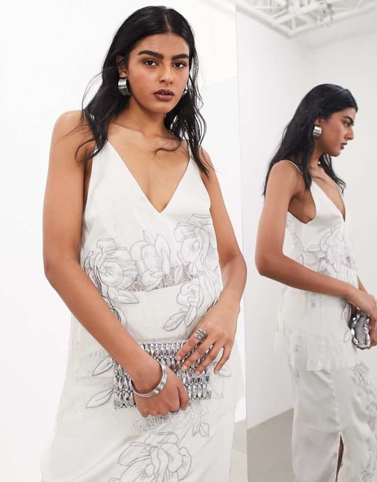 ASOS EDITION broderad spetspanel långlinje cami topp co-ord i silver - Image 1