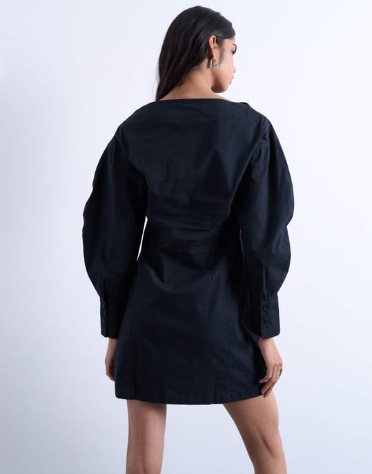 Topshop poplin barrel sleeve cinch dress in black - Image 2