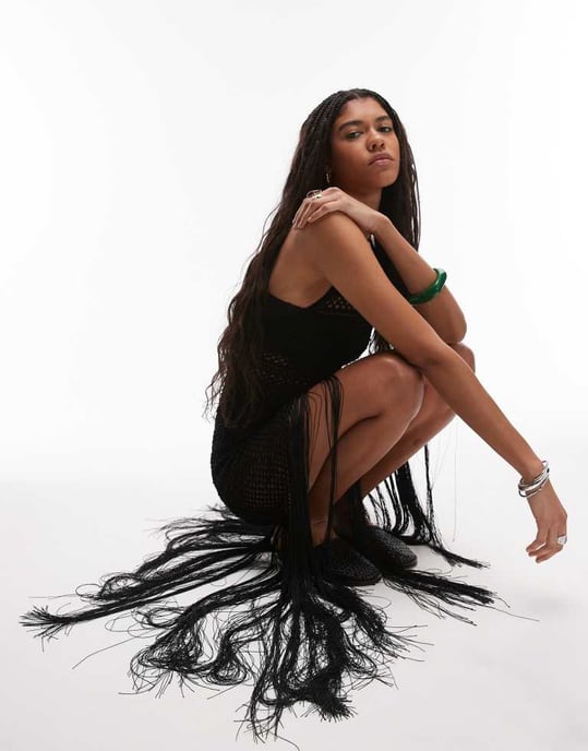Topshop knitted halter tassel dress in black - Image 2