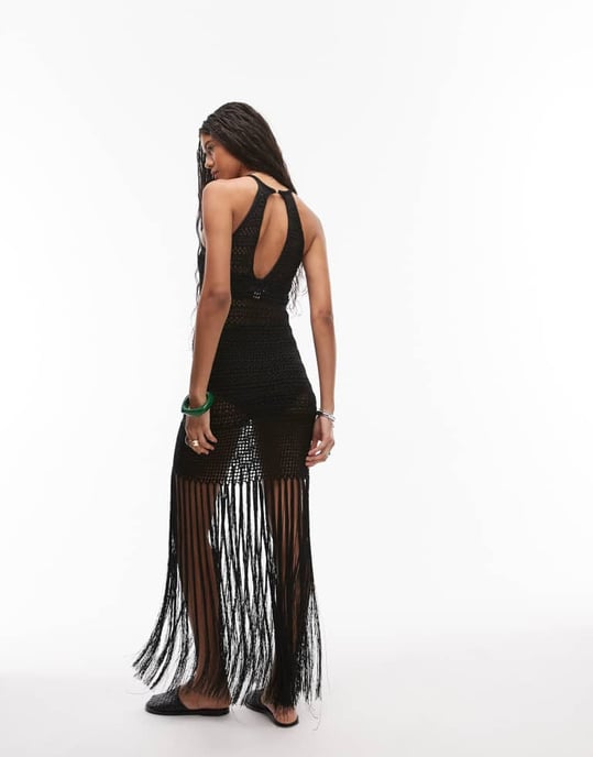 Topshop knitted halter tassel dress in black - Image 3