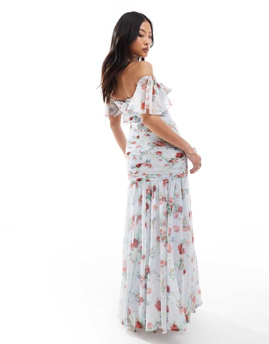 ASOS DESIGN Petite frill bardot ruched dress in blue floral print - Image 2