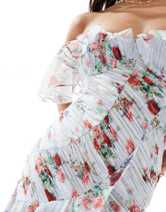 ASOS DESIGN Petite frill bardot ruched dress in blue floral print - Image 3