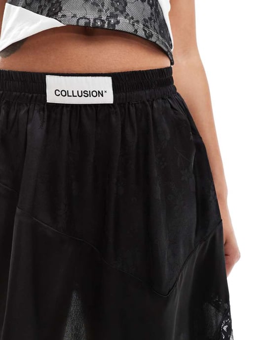 COLLUSION asymmetrisk minikjol i svart med satin- och spetsjacquardmix - Image 3