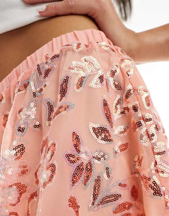 Labelrail x Olivia Grace Herring sequin mesh layered mini skirt in peachy pink - Image 3